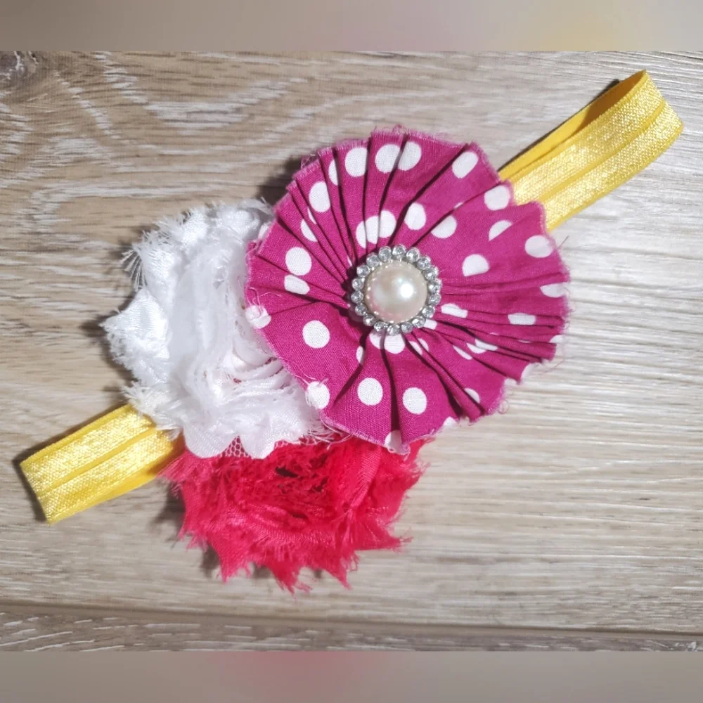 Floral, pearl stretchy headband hair bow pink fuscia white yellow Size Toddler +